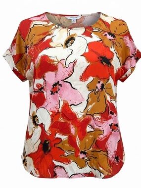Nine West Floral Print Cap Sleeve Blouse - Red Pink Brown Multi Size Small EUC